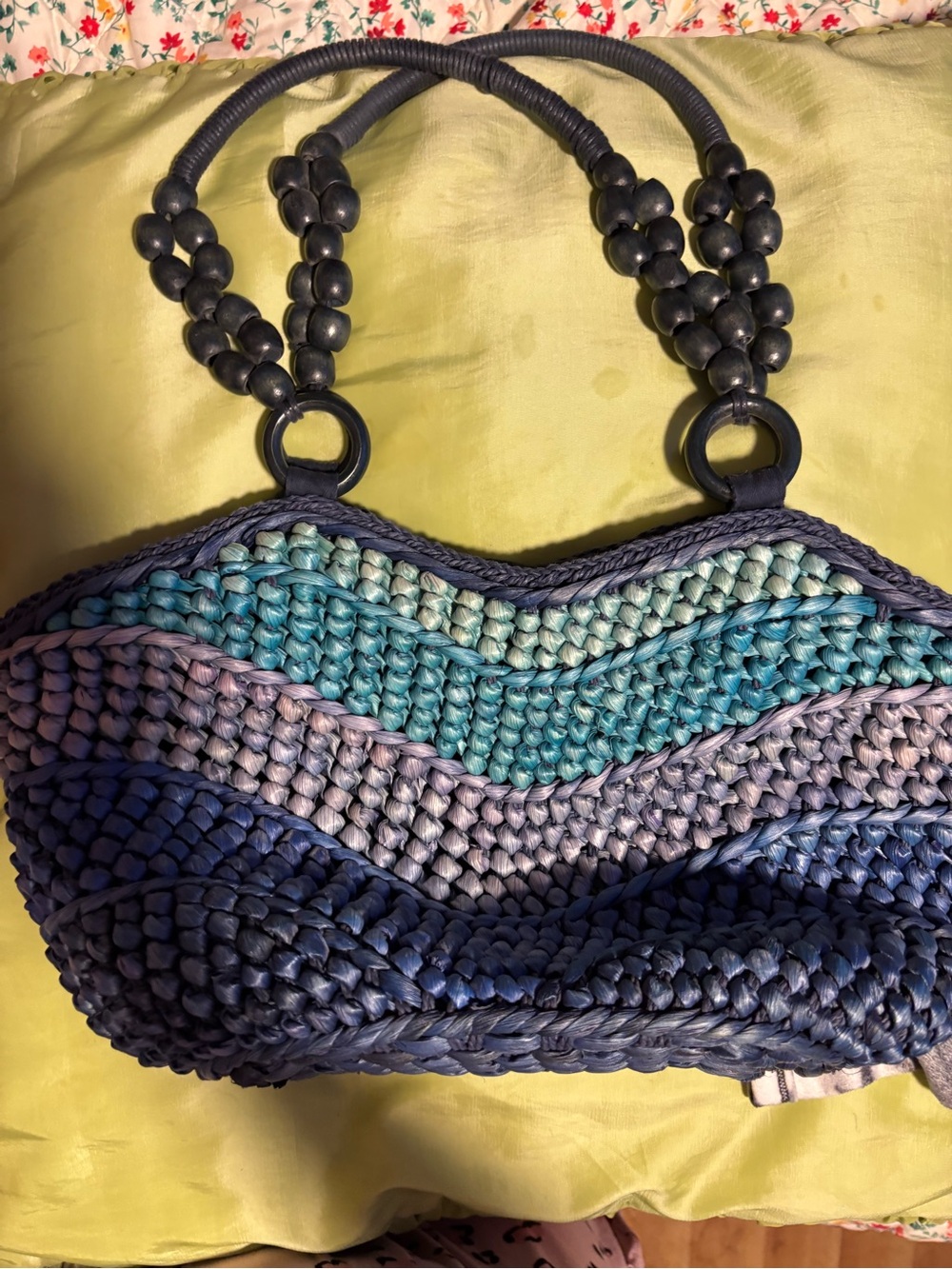 Coldwater Creek Woven Multicolor Blue-Green Tote with Beaded Handles